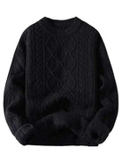 Oversized cable-knit crewneck sweater with dropped shoulders and thick plush fabric
