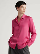 Silk-finish button front shirt with traditional collar and curved hem in smooth polyester blend fabric