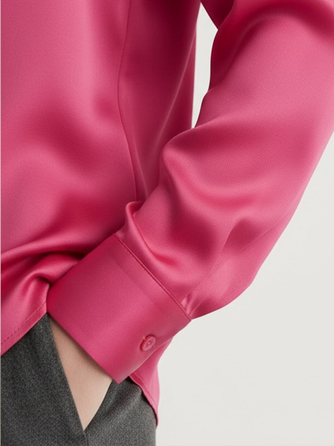 silk-finish button front shirt with traditional collar and curved hem