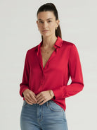Silk-finish button front shirt with relaxed fit and smooth drape