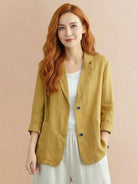 Cotton-linen blazer with notch lapels and two-button closure in natural textured fabric