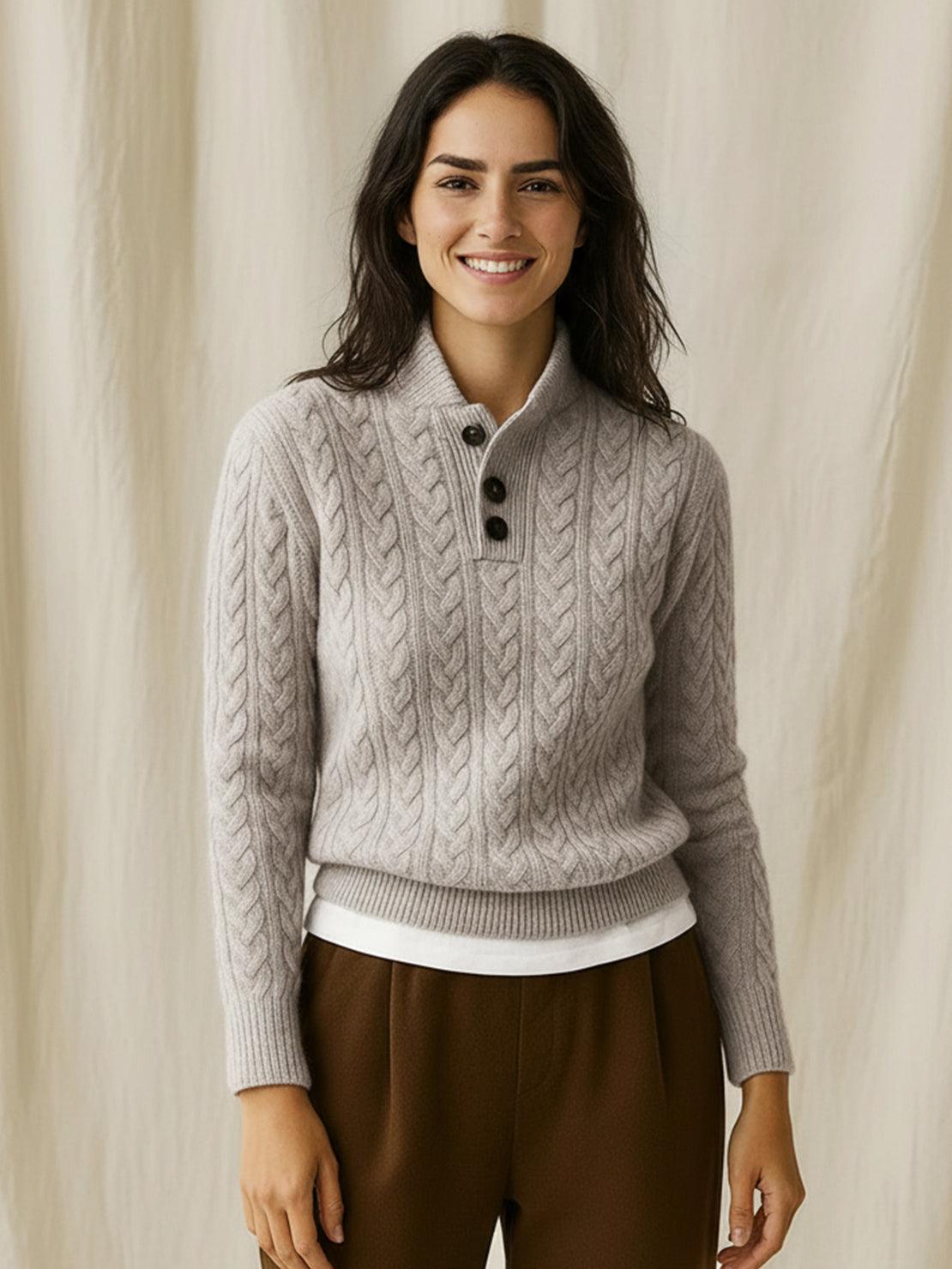 Slim fit 100% wool cable-knit sweater with stand collar and button placket