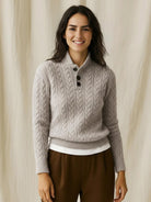 Slim fit 100% wool cable-knit sweater with stand collar and button placket