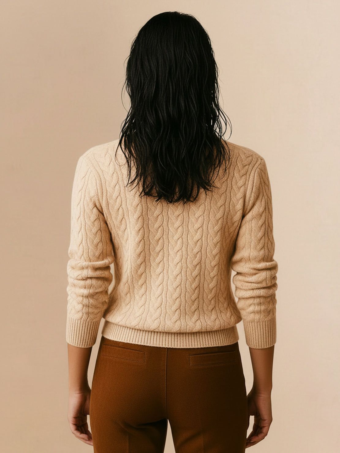 Slim fit 100% wool cable-knit sweater with stand collar and button placket