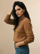 Slim fit 100% wool cable-knit sweater with stand collar and button placket