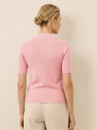 Slim-fit short-sleeve 100% Merino wool mock neck tee in neutral color