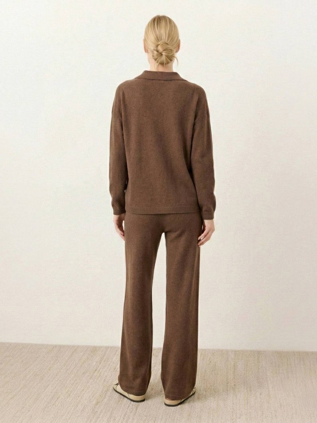 Oversized polo knit loungewear set with soft V-neck collar and straight-leg pants in soft knit fabric