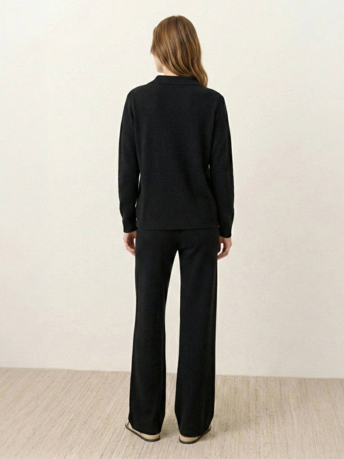 oversized polo knit loungewear set with soft collar and straight-leg pants