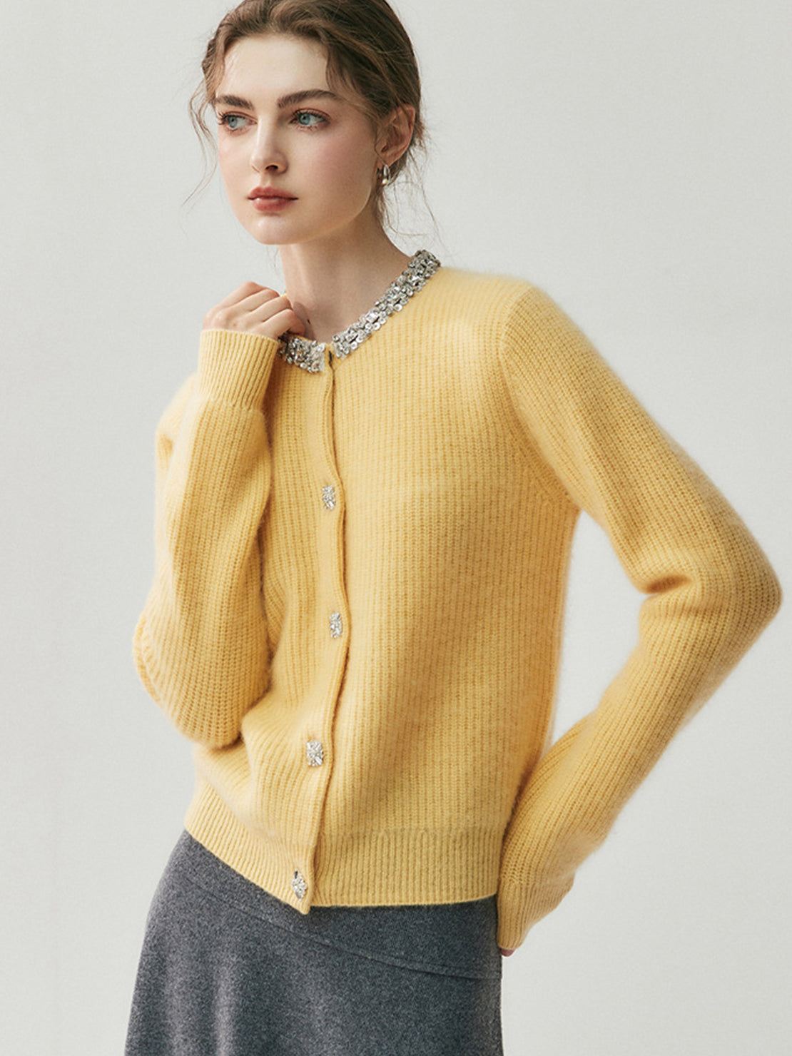 100% Alashan cashmere diamond-collar cardigan with crystal buttons and fine ribbed knit