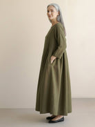 Cotton-Linen Empire Waist Dress with natural crinkle texture and A-line maxi silhouette