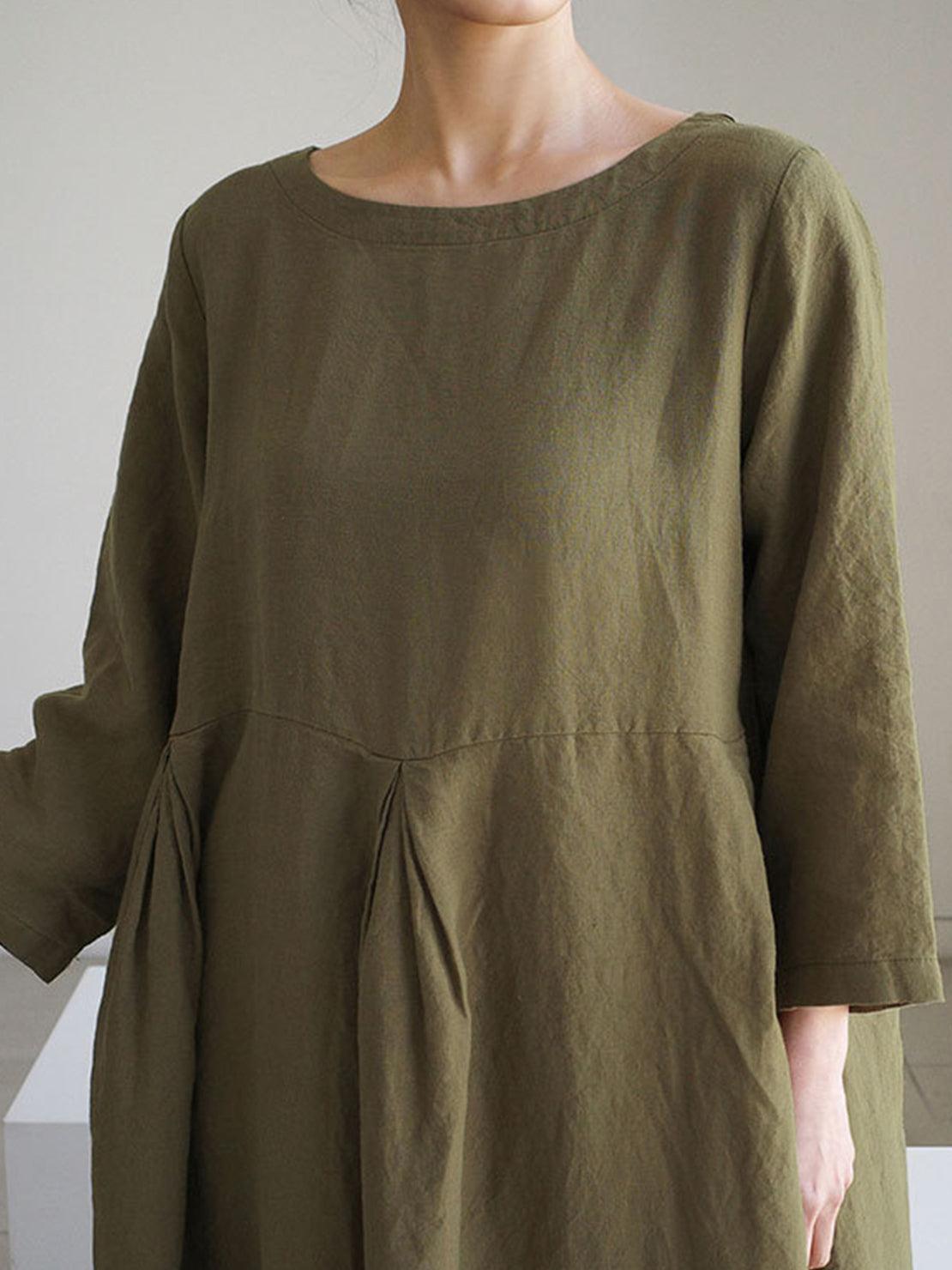 Maxi cotton-linen empire waist dress with 3/4 sleeves and deep side pockets