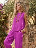 Two-piece 100% cotton crinkle sleeveless top and straight-leg pants co-ord set