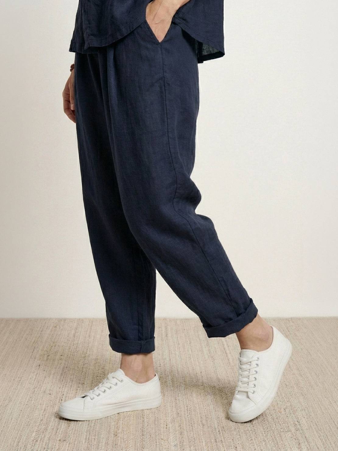 100% cotton artisan two-piece set with oversized button-front shirt and wide-leg cropped pants