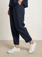 100% cotton artisan two-piece set with oversized button-front shirt and wide-leg cropped pants