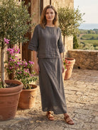 100% cotton two-piece wrap skirt and hip-length top set with crinkle texture