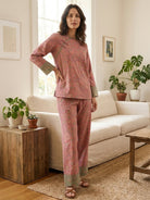 100% cotton Chinese Pankou Pajamas two-piece set with tunic top and wide-leg pants in bold landscape print