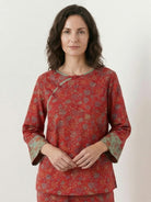 100% cotton Chinese pankou pajamas set with tunic top and wide-leg pants in bold landscape print