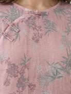 100% cotton Chinese Pankou pajamas set with tunic top and wide-leg pants, traditional frog closures and bold landscape print