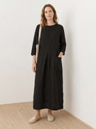 100% linen A-line maxi dress with 3/4 sleeves and large hip pockets