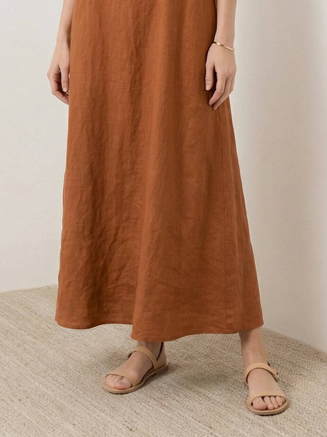 Lightweight 100% Cotton Linen Sleeveless Maxi Dress with round neckline and relaxed ankle-length fit
