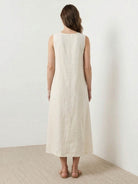Lightweight cotton linen sleeveless maxi dress with round neckline and flowing ankle-length silhouette