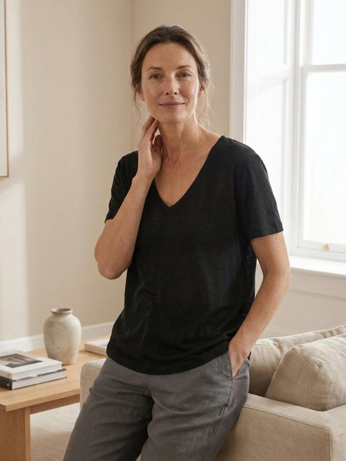 Linen-Bamboo V-Neck Tee with deep V-neckline, short sleeves, and relaxed fit in breathable linen and bamboo viscose blend