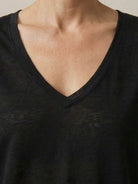 Linen-Bamboo V-Neck Tee with deep V-neckline, short sleeves, and relaxed fit in breathable linen and bamboo viscose blend