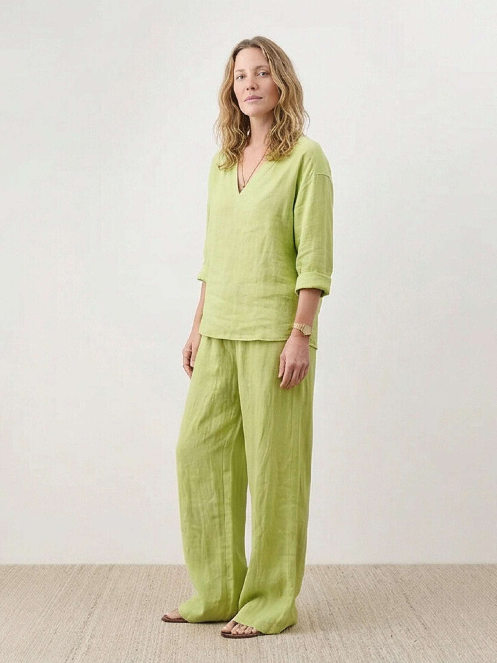 Lightweight cotton linen set with V-neck top and wide-leg pants