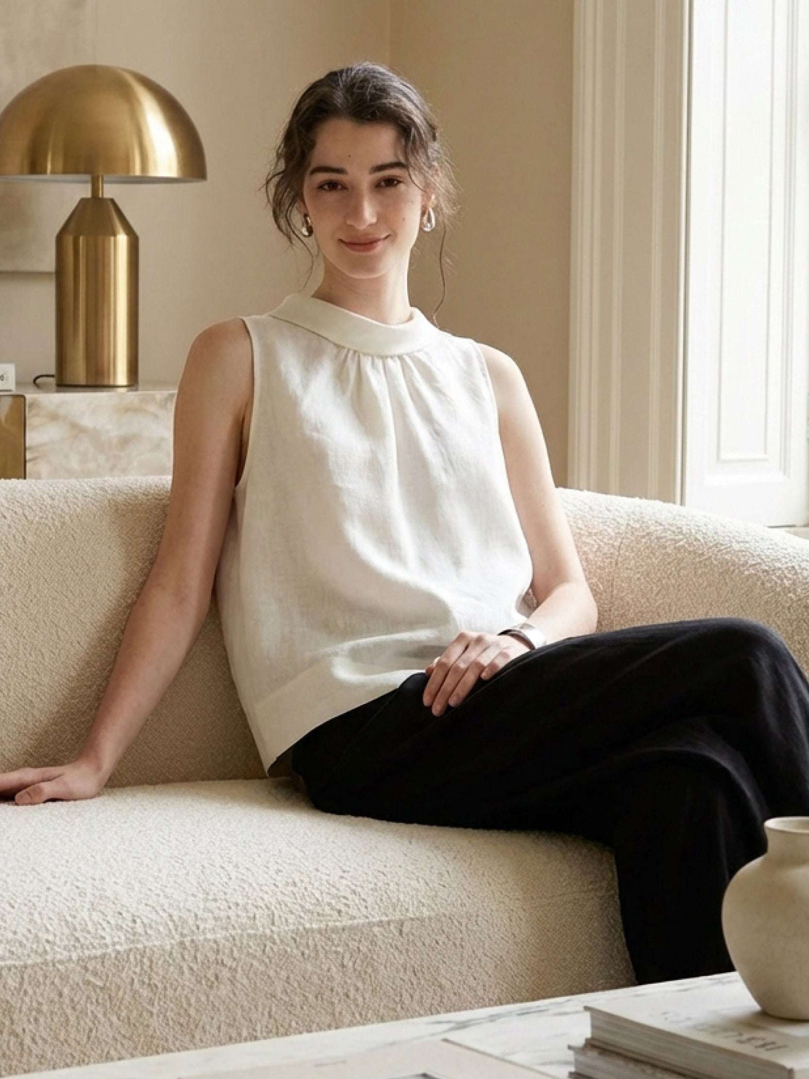 100% linen sleeveless cowl-collar top with boxy silhouette and natural crinkle texture