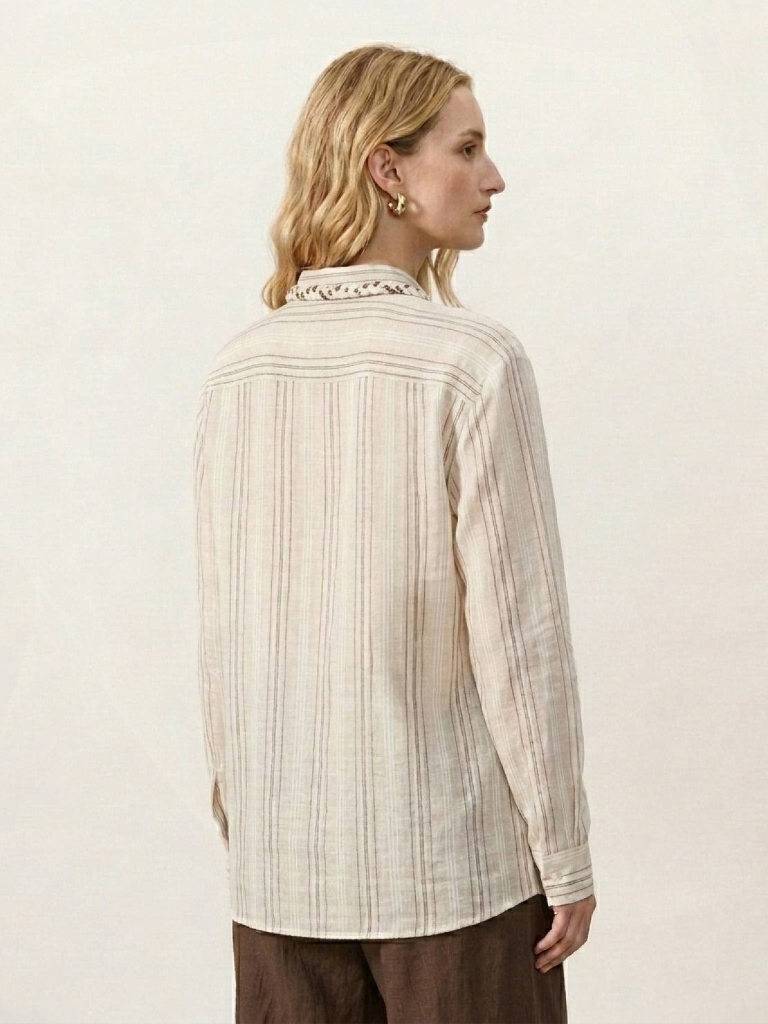 Linen-cotton shirt with vertical stripes, tassel trim, and relaxed fit