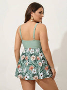 Tropical crossover skirted one-piece swimsuit with deep-V top and floral high-waist skirted bottom