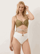 Gold-detail ruched one-piece swimsuit with cutouts and midi wrap skirt beachwear set