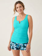 Classic V-Notch Tankini Set with adjustable straps and high-waist swim shorts with pocket