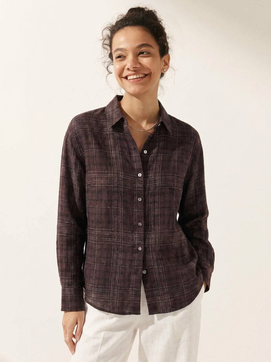 semi-sheer 100% cotton plaid shirt with mother-of-pearl buttons and relaxed fit