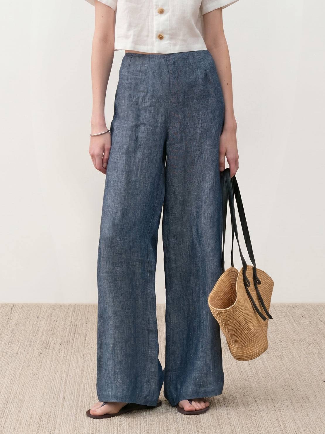 Wide palazzo leg pure linen yarn-dyed long pants with high-rise waist and natural slub texture