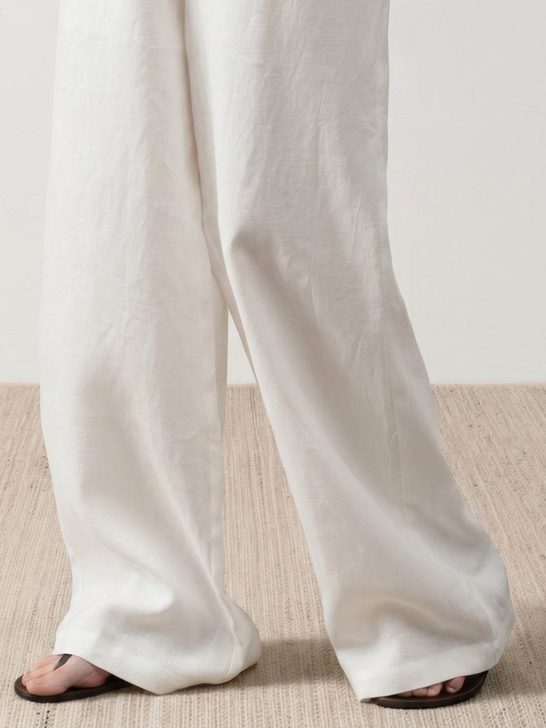 Wide palazzo pure linen yarn-dyed long pants with high-rise waist and natural slub texture