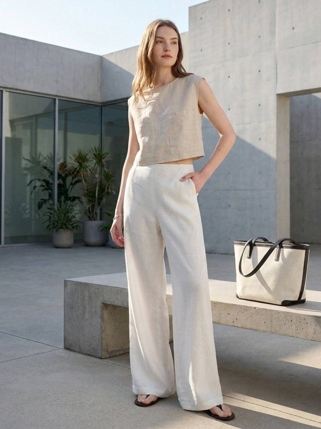 Wide palazzo leg pure linen yarn-dyed long pants with high-rise elastic waist and natural slub texture