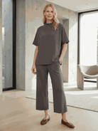Cotton-blend capelet top with batwing sleeves and wide-leg pants lounge set in multiple colors