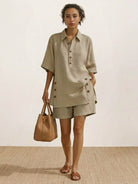 100% cotton oversized button-front co-ord set with relaxed shorts and decorative side buttons