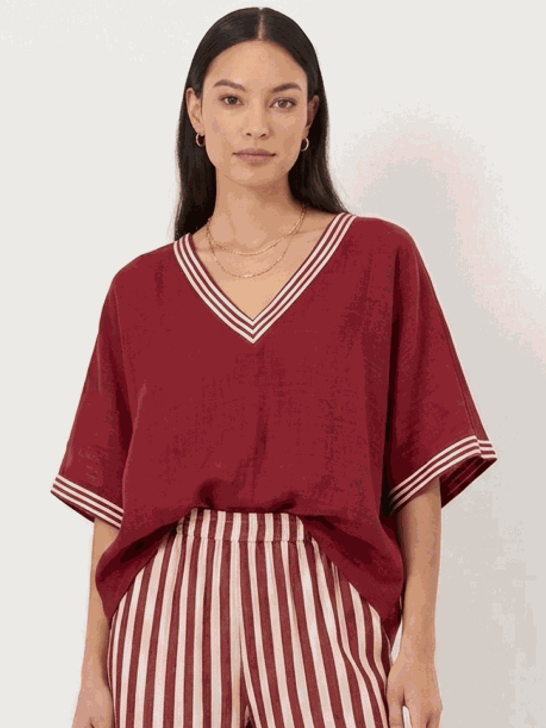 Striped wide-leg co-ord set featuring oversized top with dropped shoulders and palazzo pants with elastic waist and side pockets in multiple colors