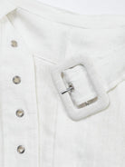 White high-rise linen belted shorts with wide-leg relaxed fit and covered buckle belt detail