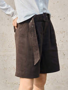 White 100% linen belted shorts with wide-leg fit and high-rise waist