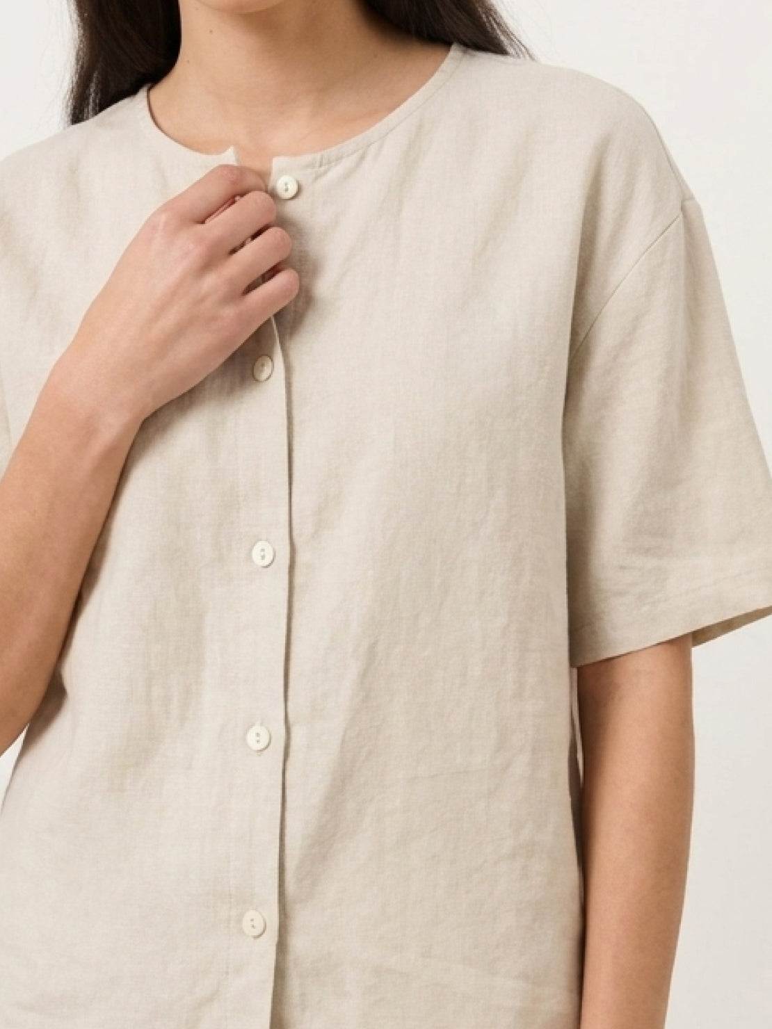 100% cotton two-piece set with button-front top and wide-leg pants in soft solid colors