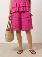 Cotton relaxed shorts and matching ruffle-detail top two-piece co-ord set in soft linen-look fabric