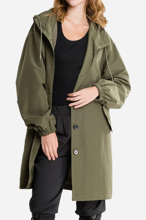 Water-resistant oversized hooded windbreaker rain jacket in olive green with adjustable drawstring waist and elastic cuffs