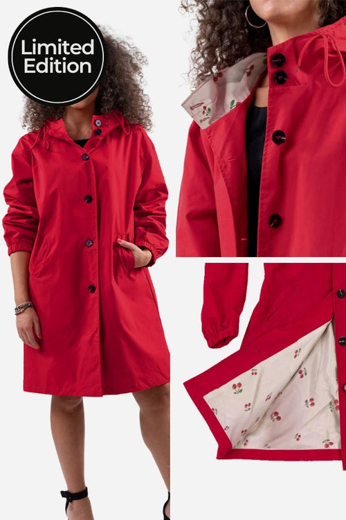 Red water-resistant windbreaker jacket with oversized fit and floral inner lining from Halloween collection