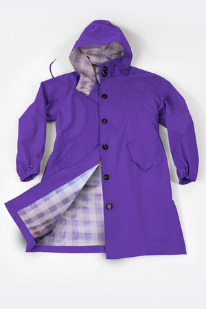 Purple water-resistant oversized windbreaker with hood and plaid lining