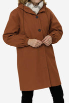 Water resistant oversized hooded brown windbreaker rain jacket with button closure and elastic cuffs