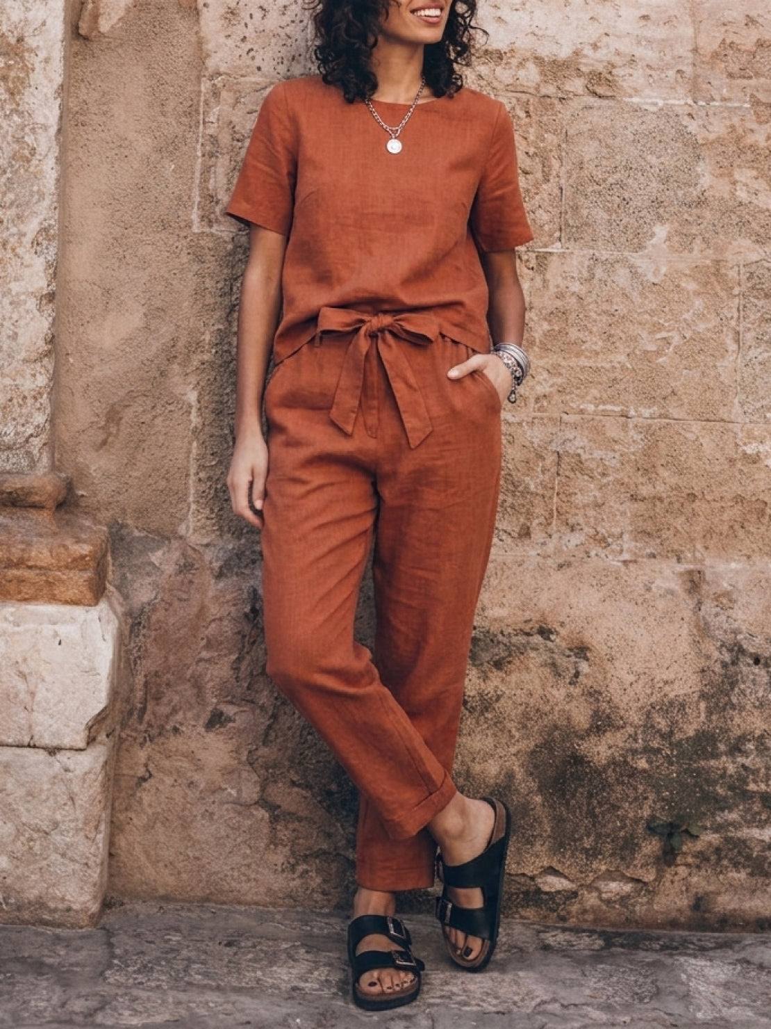 Cotton linen set with relaxed monochrome short-sleeve top and straight-leg pants