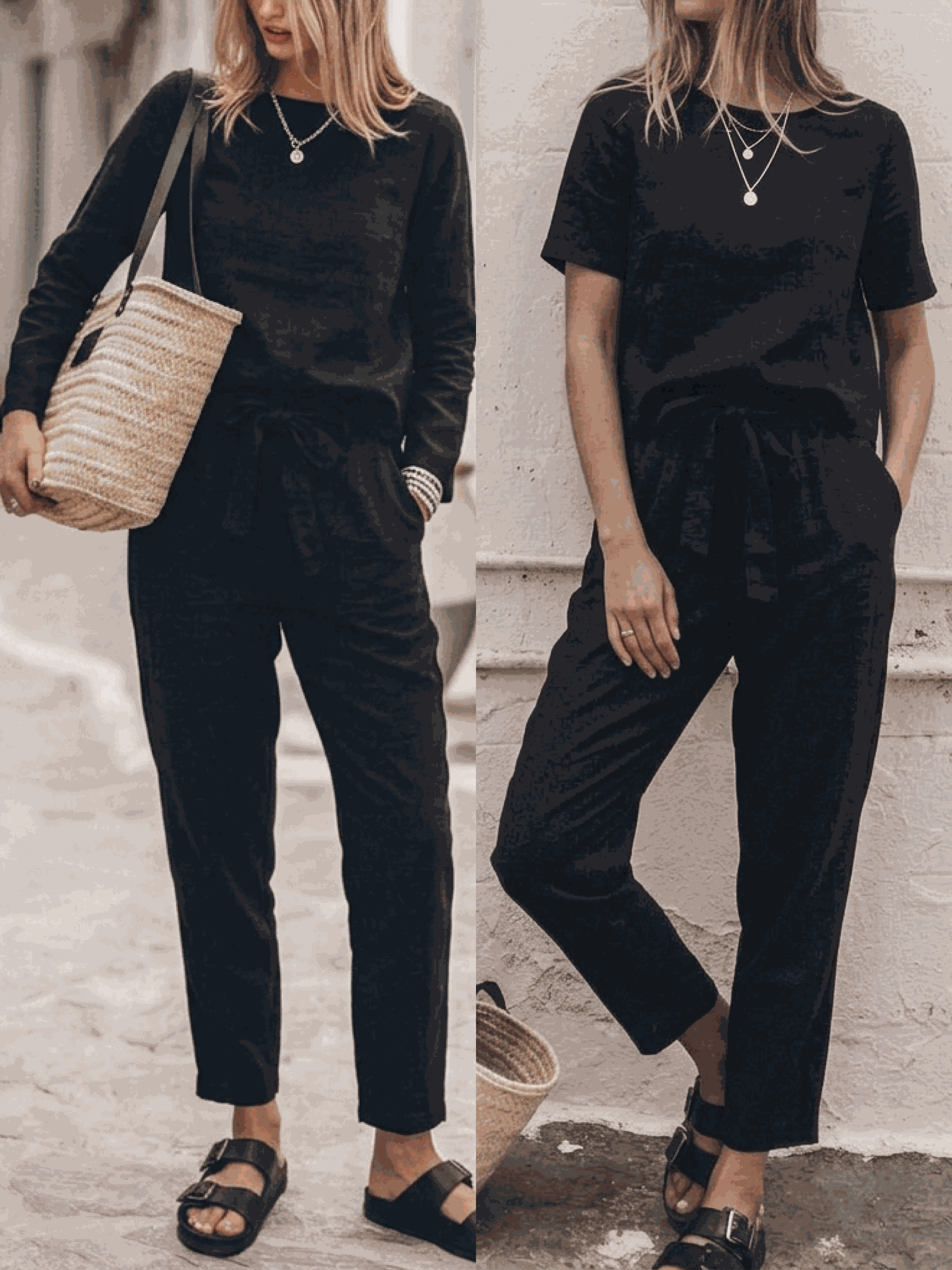 Cotton-linen set three-piece capsule outfit with relaxed short-sleeve top and straight-leg pants in monochrome tones